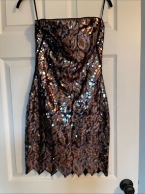 bebe Strapless Sequin Cocktail Dress in Bronze and Black